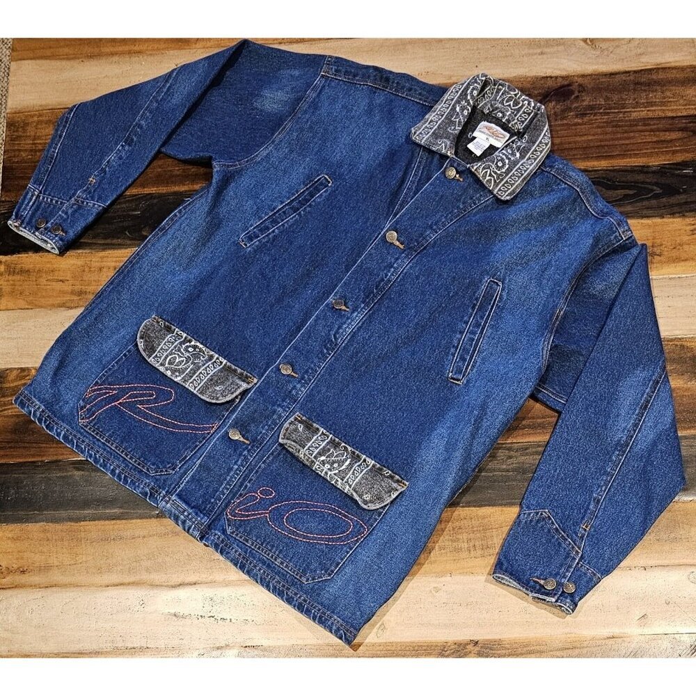 Rio New Gang Denim Jacket Gray Paisley Embroidered Men's Size XL VINTAGE